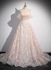 Champagne Tulle Flower Off the Shoulder Prom Dress